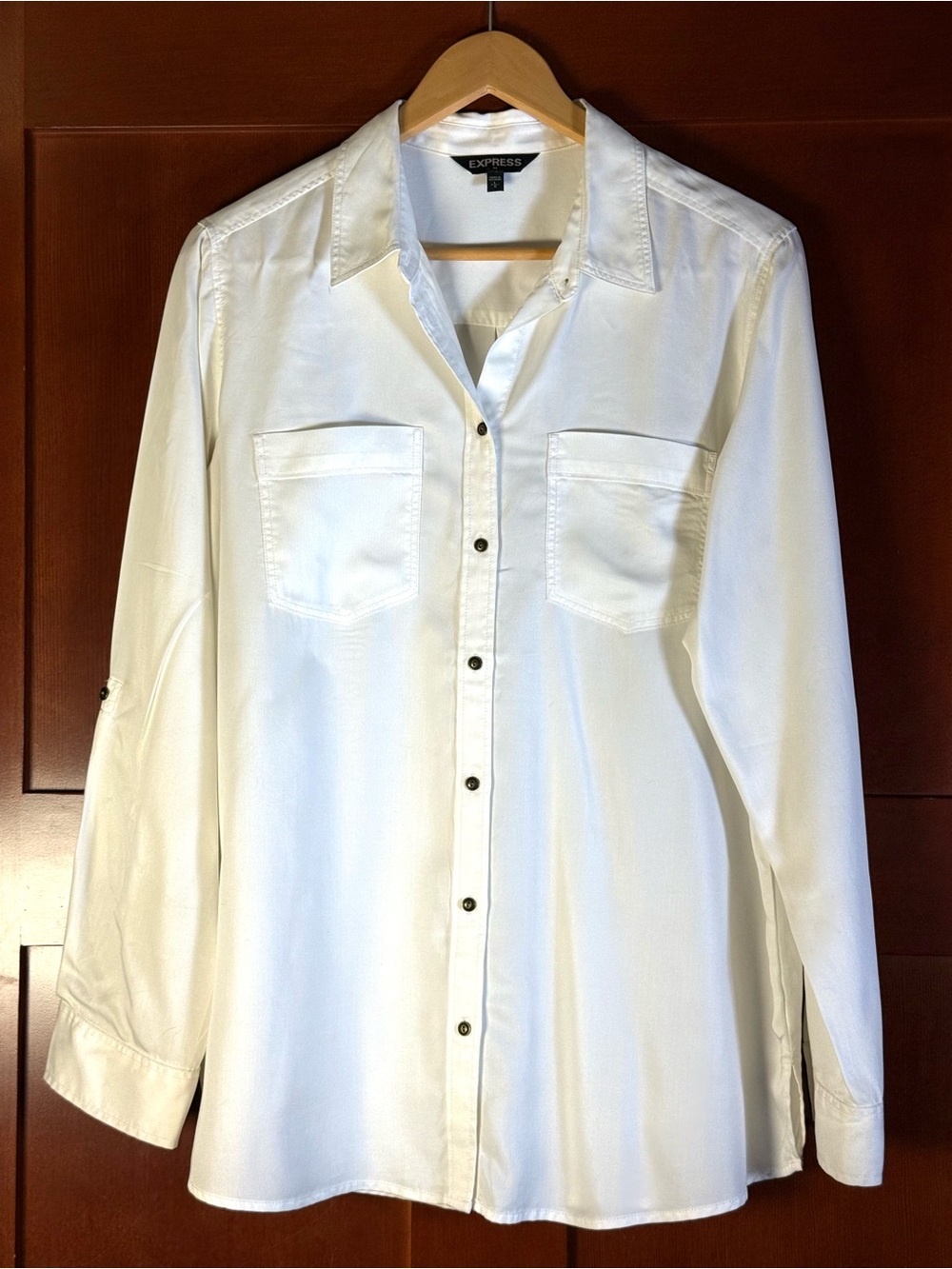 Express White Lyocell Button Down Shirt L Roll Tab Sleeves Relaxed Fit